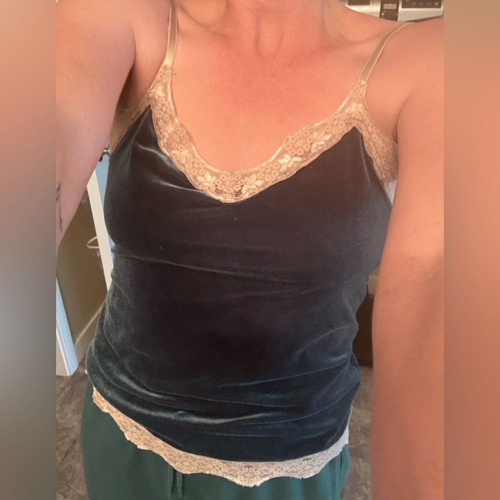 Green Velvet Camisole with Lace Trim Large